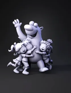 friendly yellow bear surrounded by laughing children in a hug