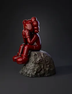 red glossy cartoon sculpture seated on rock with hands covering face