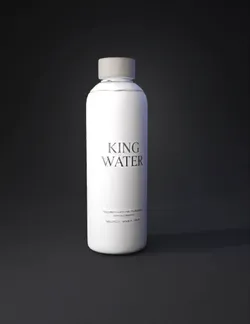 transparent glass water bottle with black cap and KING WATER label cy
