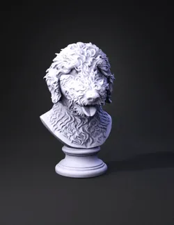 bronze dog bust with detailed curly fur and polished surface on pedest