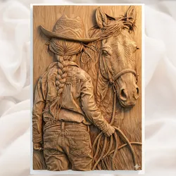 Cowgirl & Horse 3D Relief STL | Western Ranch Wall Art Panel | CNC Router 3D Print Laser Engrave File