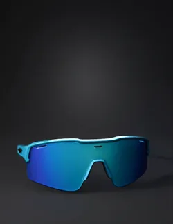 blue mirrored sports sunglasses with wraparound frame and black temple