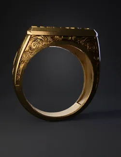 gold ring with ornate engravings and raised bezel bearing EL PATRON