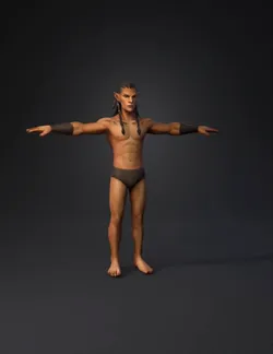 muscular elf character with outstretched arms wearing dark briefs tan