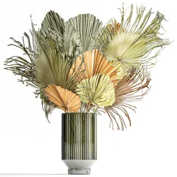 Bouquet of dried flowers vase glass palm leaf branch 305