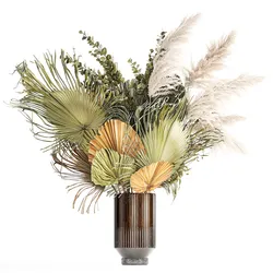 Bouquet of dried flowers vase glass palm leaf branch pampas 304