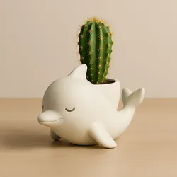 Kawaii Dolphin Pot with Cactus - Adorable dolphin-shaped pot for 3D printing (STL) in matte ceramic style
