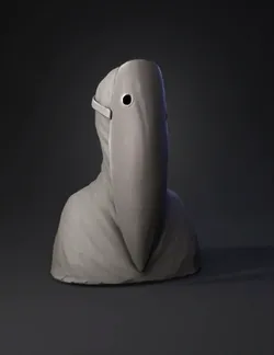 plague doctor sculpture hooded figure with beak mask in gray clay text