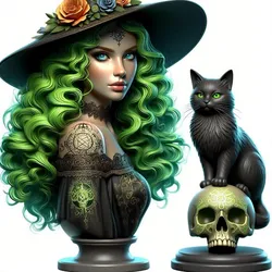 1933  Green-Haired Witch Bust with Cat and Skull, werewolf, character, DND, skull, monster, troll, snake, cat, minimalist, miniature, figurine, collectible, fantasy, gorgon, decorative, Halloween, serpent, STL