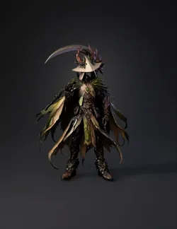leaf armored humanoid warrior with mossy bark textures and a curved bl
