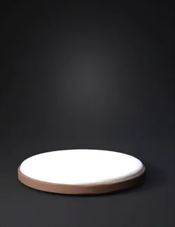 round display pedestal with white circular top and brown wooden base