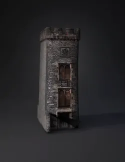 tall stone tower with crenellated top arched windows wooden door gr
