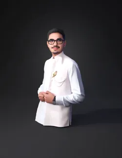 adult male wearing white kurta with subtle gold embroidery