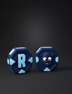 blue octagonal game token with R logo and grinning monster face