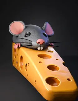 mouse on cheese block figurine gray rodent with pink ears and tail t