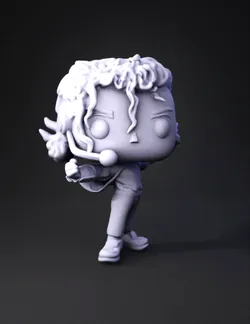 stylized vinyl pop figure with microphone black curly hair white shi