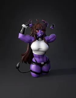 demon girl with purple skin horns tail red eyes muscular physique