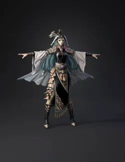 fantasy warrior with ornate armor teal hair flowing cape gold acces