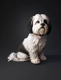 fluffy dog with black and white fur sitting against a neutral backgrou