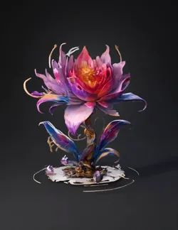 ornate fantasy lotus tree with pink purple petals gilded vines cryst