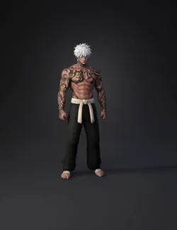 tattooed muscular fighter with white hair wearing black pants and a sa