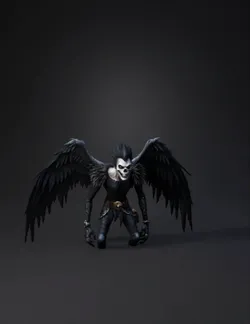 winged demon like humanoid with black feathered wings yellow eyes da