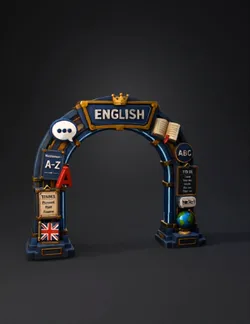 Arched structure decorated with language learning icons blue and gold