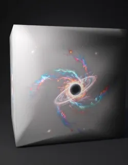 black hole with luminous accretion disk surrounded by colorful gas and