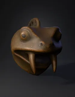 bronze frog head sculpture with protruding fangs and textured metal su