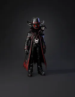 hooded masked cowboy figure with red eyes long coat belt and chains