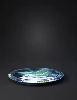round platform with glowing arrow in a sci fi corridor