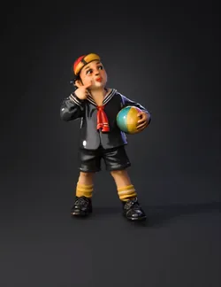sailor boy figurine holding a multicolored ball on a textured base wit