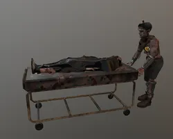 Frankenstein carries a gurney with a body