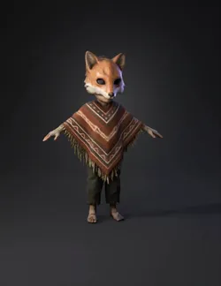 fox headed humanoid wearing a patterned poncho with fringe tattered p