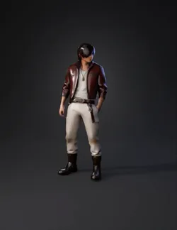 REX AMADO rugged male character with red leather jacket white cargo p
