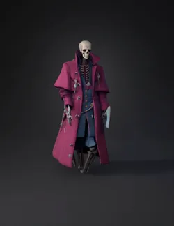 skeleton wearing a long pink trench coat with chains blue inner garme