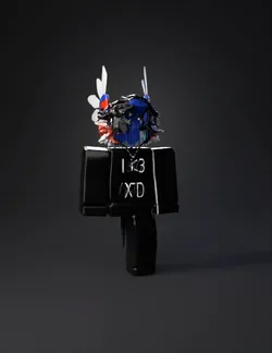 humanoid avatar with wings spiky black hair black outfit with white