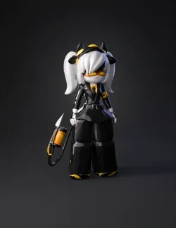 stylized humanoid figure with gray hair black and yellow outfit glow