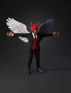 angel wearing a red demon devils mask not cartoon devil make it look
