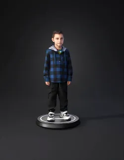 boy mannequin wearing blue plaid hoodie and black cargo pants on neutr