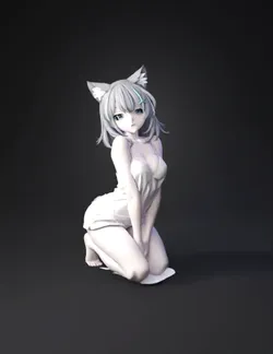 cat girl kneeling in a white lingerie like outfit with cat ears blue