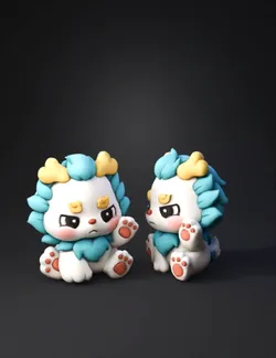 fluffy white creature with blue mane and yellow accents pink paw pads