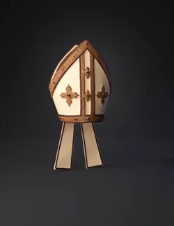 ornate bishop mitre with gold embroidery on cream fabric