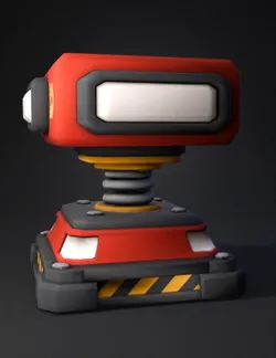 red robotic cube on a mechanical pedestal with yellow accents and indu