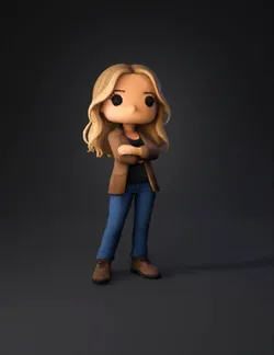 stylized female character figurine with blonde hair brown blazer bla