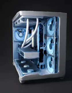 blue lit high end gaming PC with liquid cooling multiple fans and MS