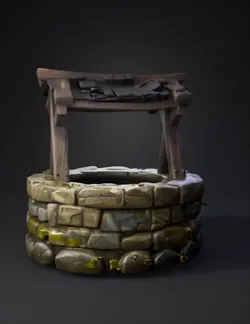 Create a semi realistic cozy spooky haunted stone well for an angled o