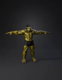 muscular green humanoid character with black shorts textured skin and