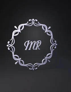 ornamental circular metal frame with decorative scrollwork and MR init
