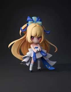 anime girl character with long blonde hair and blue white dress chibi